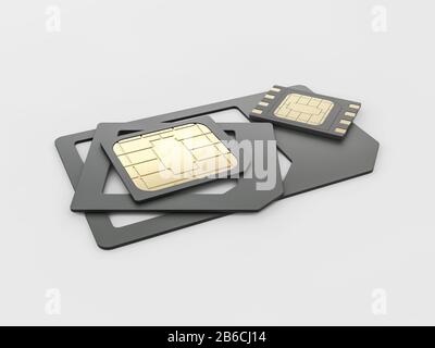 Sim card, micro - sim card, nano - sim card and eSim card set, clipping path included. Stock Photo
