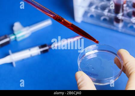 Blood sample with pipette and petri dish others blood test tubes in a rack exam test analysis hospital Stock Photo