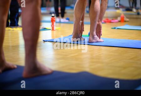 Stuttgart, Germany. 03rd Mar, 2020. Participants stretch themselves during a sports lesson for people over 60. Credit: Sebastian Gollnow/dpa/Alamy Live News Stock Photo