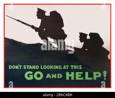 VINTAGE 1914 WW1 British recruitment poster showing two soldiers with fixed bayonets advancing stealthily up a hill ''DONT STAND LOOKING AT THIS Go and help'  World War I First World War Recruiting Recruitment Propaganda Stock Photo