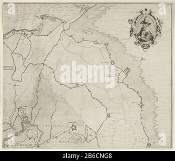 Siege and capture of Den Bosch by Frederick Henry, 1629 (page right) Large map of the encirclement of Den Bosch during the siege by the military forces under Frederick Henry, from May 1 to september 17 1629. Entirely composed of four plates and four text pages. This is the blade right to a portion of the map, in medallion portrait of Anthonie Sketch, Baron Grobbendonck. Manufacturer : printmaker Cornelis Danckerts (I) (attributed to) surveyor Jan Cornelis van Rodenburgh Publisher: Cornelis Danckerts (I) provider of privilege: States General Place manufacture: Amsterdam Date: 1630 Physical feat Stock Photo