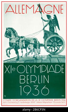 Vintage Olympic Games Poster 1936 featuring statue Quadriga on top of Brandenburg Gate Berlin Germany XIe OLYMPIADE BERLIN, 1936 offset lithograph in colour, Friedel Dzubas & Krauss 1936 Stock Photo