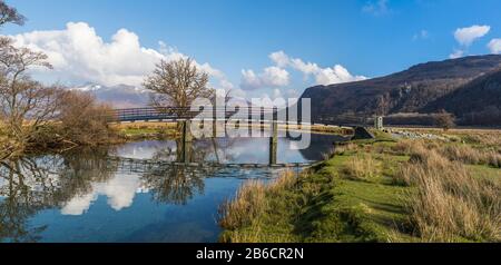 Multi image panorama of the Chinese Bridge over the River Derwent in Cumbria. Stock Photo