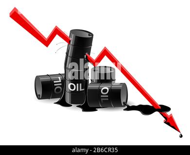 The chart of the fall in the oil price. The line punches through the barrels. Low price. The barrels are falling down. Stock Vector