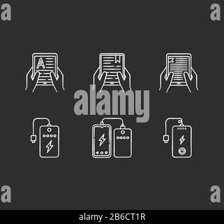 Portable electronic devices chalk white icons set on black background. Power bank. Portable battery. Pocket charging gadget. Hands holding e-readers Stock Vector
