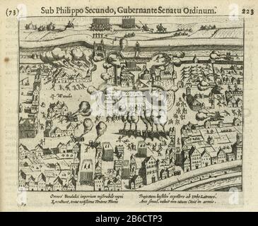 Siege of Vredenburg, 1577 Siege and capture of the castle Vredenburg Utrecht by the States army commanded by Bossu, February 11 1577. View of the fort and the surrounding streets with various skirmishes. With signature of four lines in Latin. Numbered 73. Printed on the back with text in Latijn. Manufacturer : printmaker Simon Frisiusnaar picture of French High Mountain Publisher: Michiel Colijn Place manufacture: printmaker: Northern Netherlands Publisher: Amsterdam Date: 1613 to 1615 and / or 1621 - 1622 Physical features: etching material: paper technique: etching dimensions: plate edge: h Stock Photo