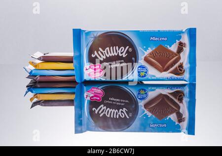 Wawel chocolate bar on white background. Wawel is polish confectionery company, producing chocolates, wafers, snacks founded in 1898 in Krakow, Poland Stock Photo