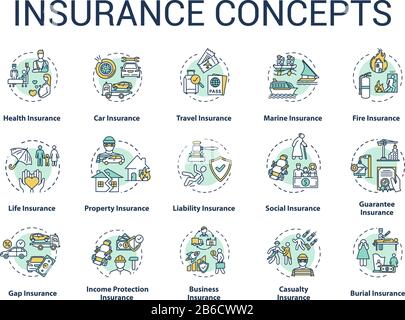 Insurance concept icons set. Protection from financial loss. Legal contract. Risk management idea thin line RGB color illustrations. Vector isolated Stock Vector
