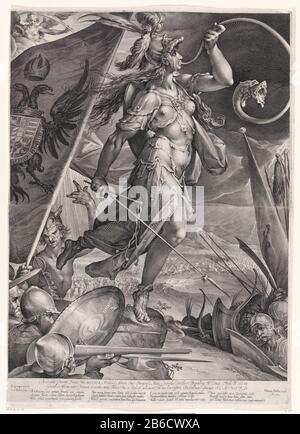 Bellona carries the imperial troops Bellona, the goddess of war, performs the imperial troops against the Turks. She blows her horn and holding a whip and spear in hand. Behind her is Mercury. On the banner the arms of the Holy Roman Rijk. Manufacturer : printmaker Jan Harmensz. Muller (listed property) designed by: Bartholomeus Spranger (listed building) publisher: Harmen Jansz Muller (listed building) dedicated to Matthias of Austria (Roman-German emperor) (listed building) commissioned by: Bartholomeus Spranger ( listed on object) Place manufacture: Amsterdam Date: 1600 Physical features: e Stock Photo