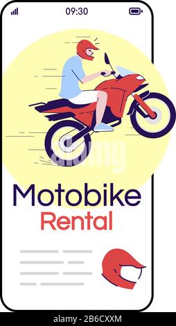 Motorbike rental cartoon smartphone vector app screen. Local transport. Extreme riding. Indonesia tourism. Mobile phone display with flat character Stock Vector