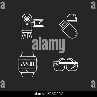 Mobile devices chalk white icons set on black background. Electronic gadgets. Flash drive, video camera. Smartwatch, smartglasses. Compact digital Stock Vector