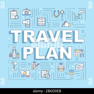 Travel plan word concepts banner. Budget trip. Money saving. Free museums. Frugality. Infographics with linear icons on blue background. Isolated Stock Vector