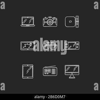 Mobile devices chalk white icons set on black background. Electronic gadgets. Technology. Tablet, laptop, computer. Navigator, radio set. Compact Stock Vector