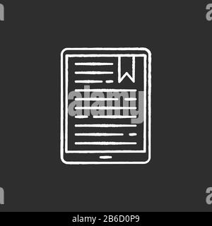 Handheld e-reader chalk white icon on black background. E-book. Electronic book. Digital reading. Touchpad. Tablet. Display with text. Mobile device Stock Vector