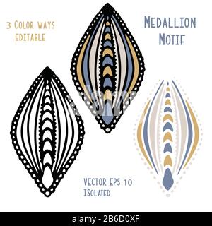 Vintage ogee motif vector clipart isolated on white. Hand drawn ethnic doodle style persian or slavic foulard medallion. Trendy boho fashion icon set Stock Vector