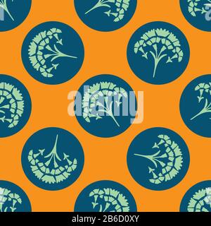 Fresh spring carnation polka dot background. Bright stylized floral summer motif medallion seamless pattern. Bold boho dotty flower spot wallpaper Stock Vector