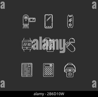 Mobile devices chalk white icons set on black background. Electronic gadgets. Powerbank, smartphone, camera. Flash drive, calculator. Compact digital Stock Vector