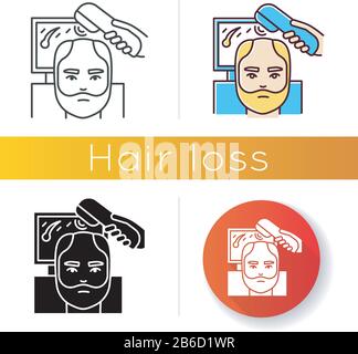 Trichoscopy icon. Hairloss treatment. Scalp and hair disease diagnosis. Male alopecia. Dermatology evaluation, medicine. Linear black and RGB color Stock Vector