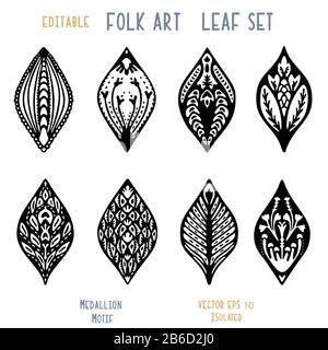Vintage ogee motif vector clipart isolated on white. Hand drawn ethnic doodle style persian or slavic foulard medallion. Trendy boho fashion icon set Stock Vector