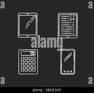 Mobile devices chalk white icons set on black background. Pocket electronic gadgets. Tablet, e-reader, e-book. Smartphone, calculator. Compact digital Stock Vector