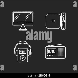 Mobile devices chalk white icons set on black background. Electronic gadgets. Desktop computer, MP3 player. Radio set, media player. Compact digital Stock Vector