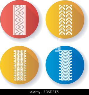 Tire patterns flat design long shadow glyph icons set. Detailed automobile, motorcycle, bike tyre marks. Car summer and winter wheel trace. Vehicle Stock Vector