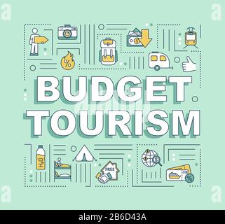 Budget tourism word concepts banner. Camping. Cheap accommodations. Advance booking. Infographics with linear icons on green background. Isolated Stock Vector