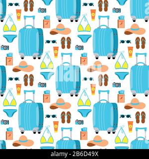 Travel seamless pattern isolated on white backgroun. Flat design cartoon style suitcase with women things vector endless print. Summer vacation backgr Stock Vector