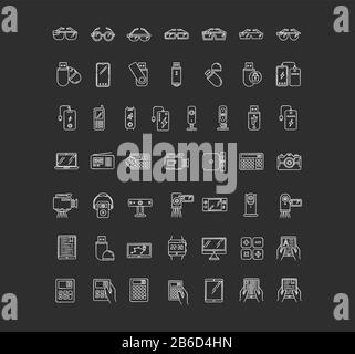 Mobile devices chalk white icons set on black background. Electronic gadgets. Smart technology. Smartphone, computer. E-reader, camera. Compact Stock Vector