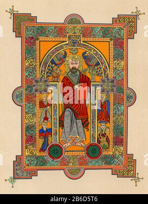 The Book of Kells: Christ holding a Gospel book, c800. Here we see Christ seated on a throne, flanked by peacocks, symbols of his resurrection due to the belief that their flesh did not rot. Stock Photo