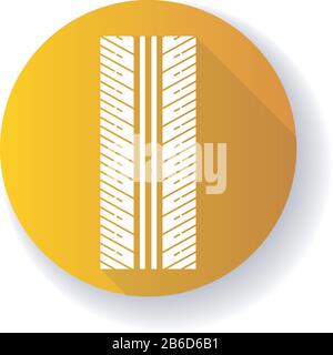 Tire tread yellow flat design long shadow glyph icon. Detailed automobile, motorcycle tyre marks. Directional car wheel trace with thin grooves Stock Vector