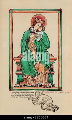 Virgin and Child with Artist Kneeling, c1250. By Matthew Paris (c1200-1259). Matthew Paris, Virgin and Child with Artist Kneeling. Frontispiece of the Historia Anglorum, c1250. Tempera on vellum. Stock Photo