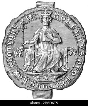 Seal of Robert Bruce, King of Scots, 14th century. King Robert I (1274-1329), popularly known as Robert the Bruce, was King of Scots from 1306 until his death in 1329. Robert I led Scotland during the Wars of Scottish Independence. Stock Photo