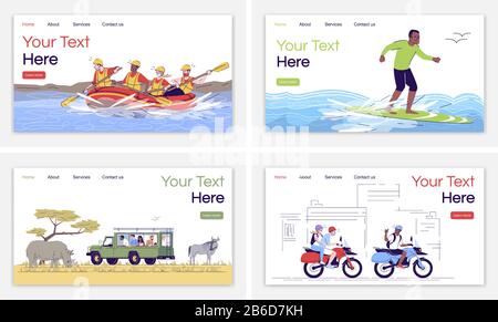 Indonesia tourism landing page vector template. Rafting. Surfing. Safari trip. Motorcycle riding. Website interface idea with flat illustrations Stock Vector