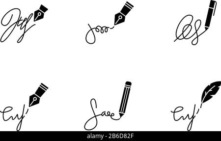 Signatures Apostille and legalization. Handwriting. Autograph. Proof of identity, consent. Notary services. black glyph icons set on white space Stock Vector