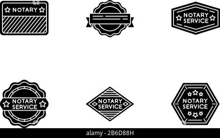 Notary service stamps black glyph icons set on white space. Apostille and legalization. Validation. Approval, confirmation. Legal paper. Notarization Stock Vector