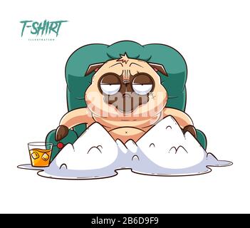 Pug life. Print on T-shirts, sweatshirts and souvenirs. Brutal pug gangster sits in front of a mountains of white powder Stock Vector