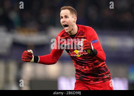 RB Leipzig goalkeeper Peter Gulacsi celebrates after Marcel Sabitzer (not pictured) scores his sides second goal during the UEFA Champions League round of 16 second leg match at the Red Bull Arena, Leipzig. Stock Photo
