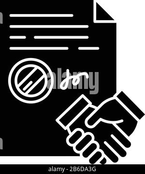 Conclusion of contract black glyph icon. Signed notarized document with stamp. Apostille. Legal agreement. Business deal. Partnership. Silhouette Stock Vector