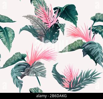Bright tropical seamless pattern with jungle plants. Exotic background with palm leaves. Vector Stock Vector