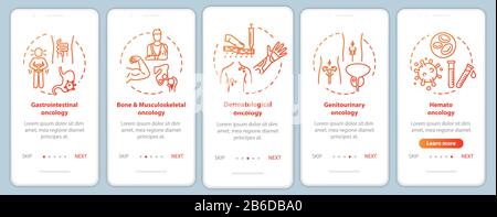 Oncology onboarding mobile app page screen with concepts. Dermatological oncology. Cancer treatment walkthrough five steps graphic instructions. UI Stock Vector