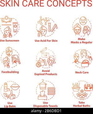 Skin care, beauty, cosmetic procedures concept icons set. Skin youth, face and body care, cosmetology idea thin line RGB color illustrations. Vector Stock Vector