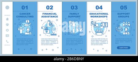 Oncology help onboarding vector template. Cancer counseling. Illness treatment. Financial assistance. Responsive mobile website with icons. Webpage Stock Vector