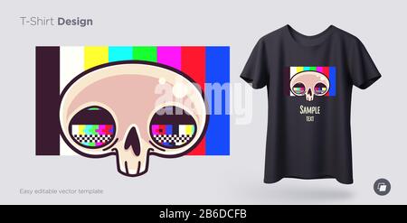 Skull with tv grid t-shirt design. Print for clothes, posters or souvenirs. Vector Stock Vector