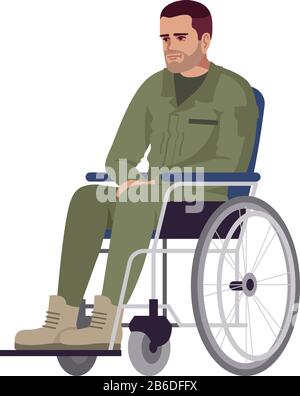 Man in wheelchair semi flat RGB color vector illustration. Former military. Disabled person. Recovery period. Rehabilitation. Psychology consultation Stock Vector