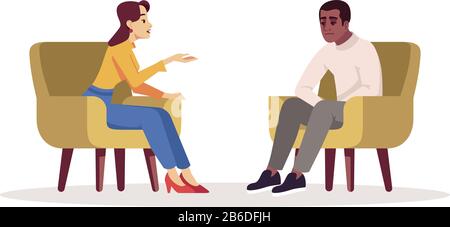 Therapy session semi flat RGB color vector illustration. Interview. Meeting. Talking couple. People having conversation in cozy armchairs. Psychology Stock Vector