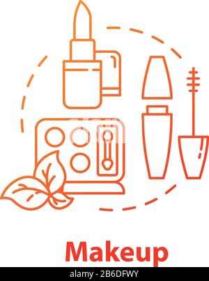 Makeup, beauty products concept icon. Organic decorative cosmetics, lipstick and mascara, eyeshadow idea thin line illustration. Vector isolated Stock Vector