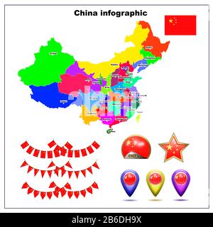 Bright Map of China. map of China graphic illustration on white background. Set illustration with map, flag, buttons and navigation web buttons. Stock Photo