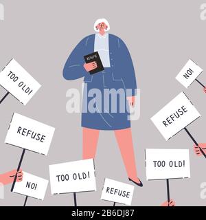 Age discrimination.Old woman is looking for a job Stock Vector