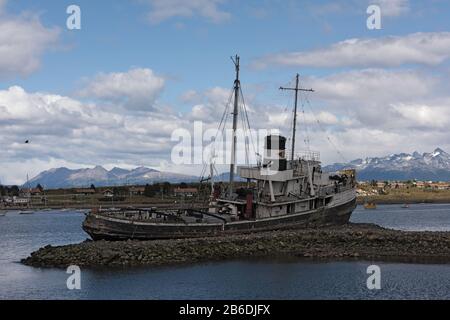 the shipwreck of St Christophorus in the port of Ushuaia, Argentina Stock Photo